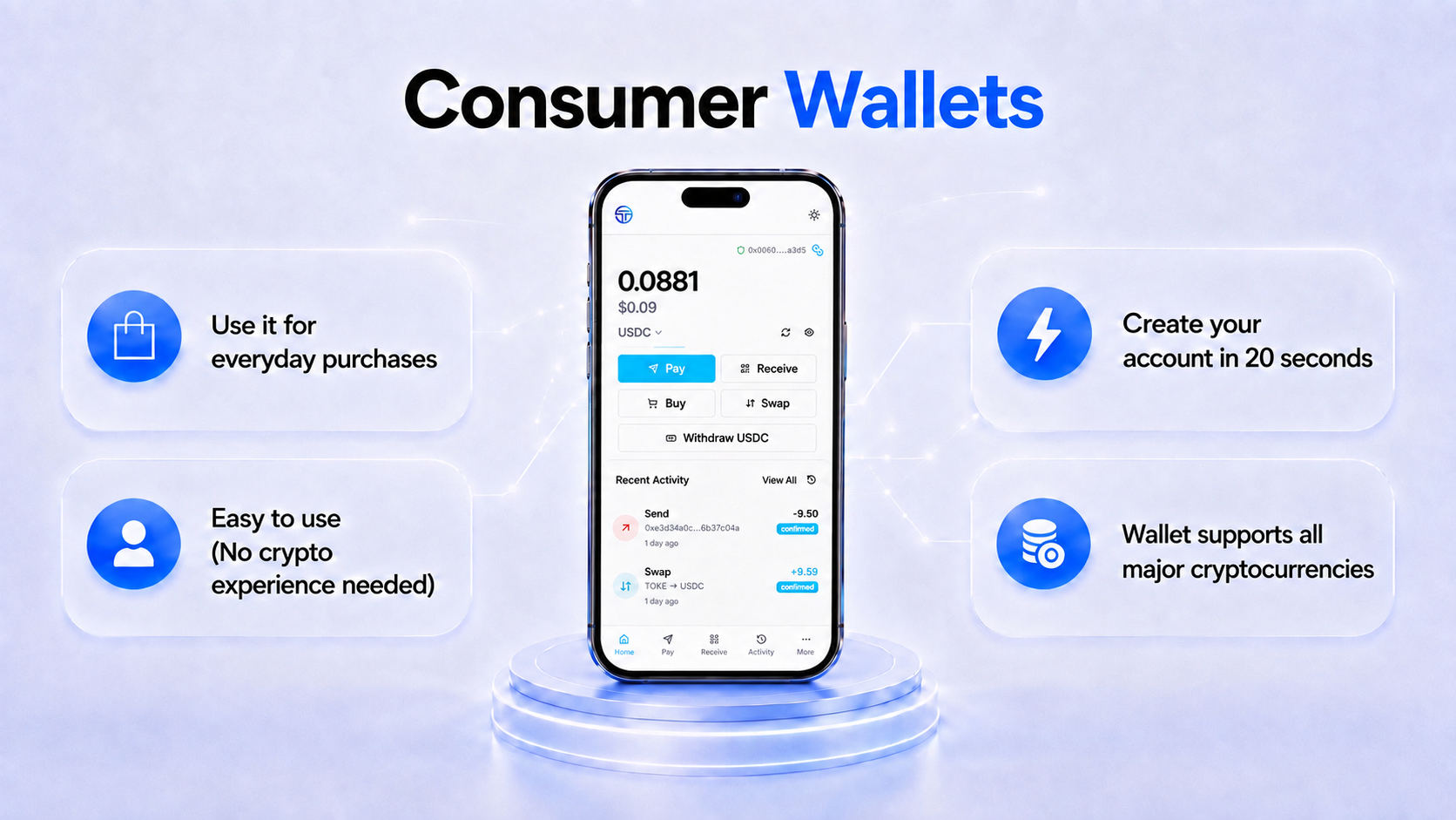 Consumer wallets — send, receive and manage TOKE from a phone