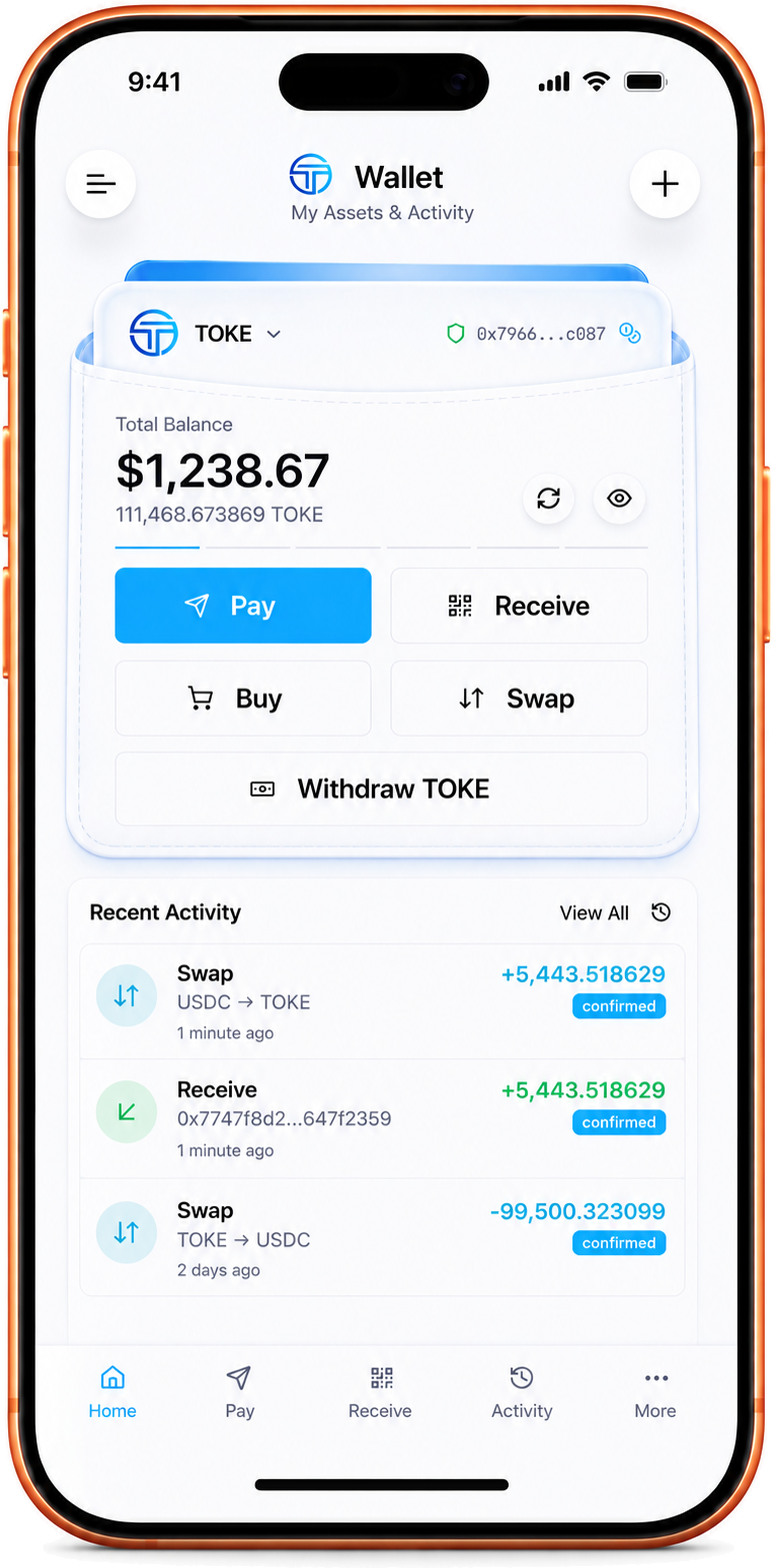 The TOKE wallet app on a phone, showing a $1,238.67 balance with pay, receive, buy, swap and withdraw actions and recent activity