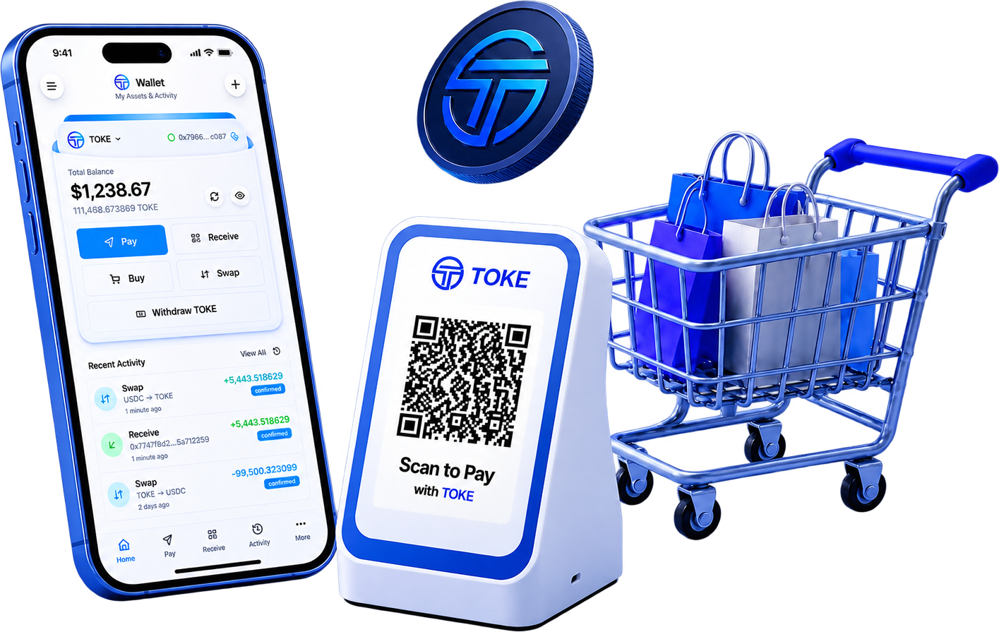The TOKE wallet app on a phone beside a TOKE coin, a scan-to-pay QR stand and a shopping cart of bags