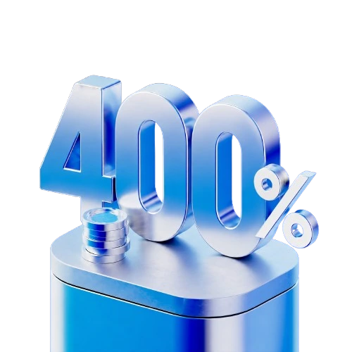 A 400% figure rendered in brushed blue metal, resting on a plinth beside a stack of coins