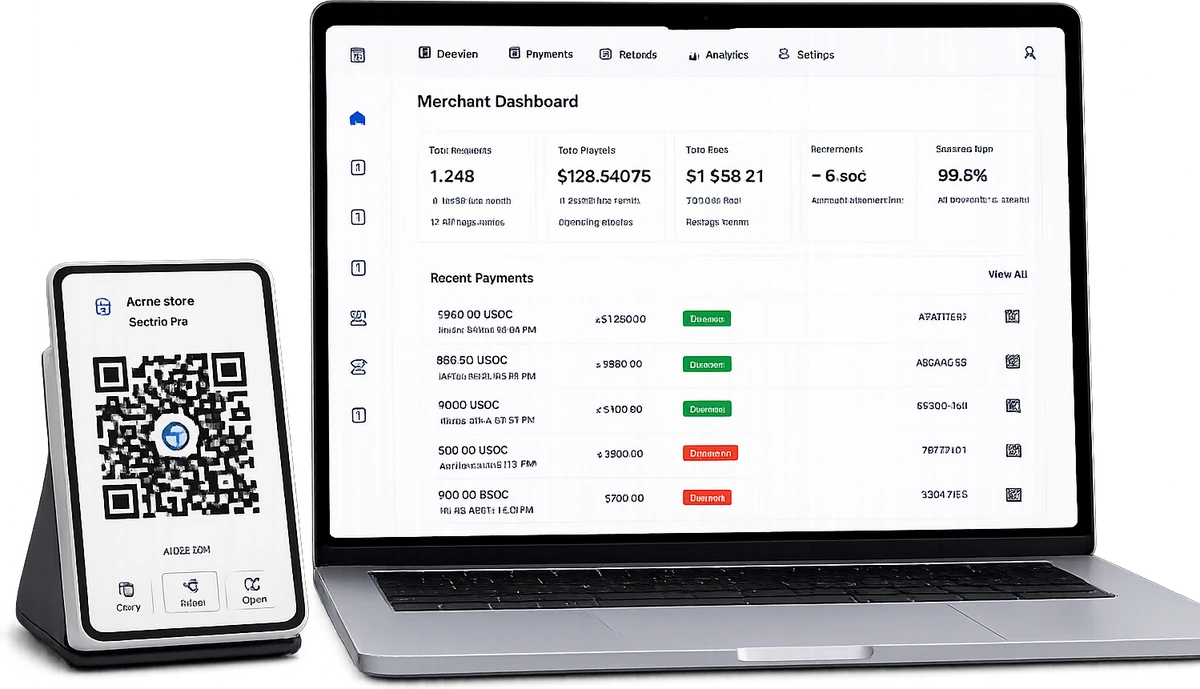 A laptop showing the TOKE merchant dashboard with total requests, payouts, fees, settlement time and a list of recent payments