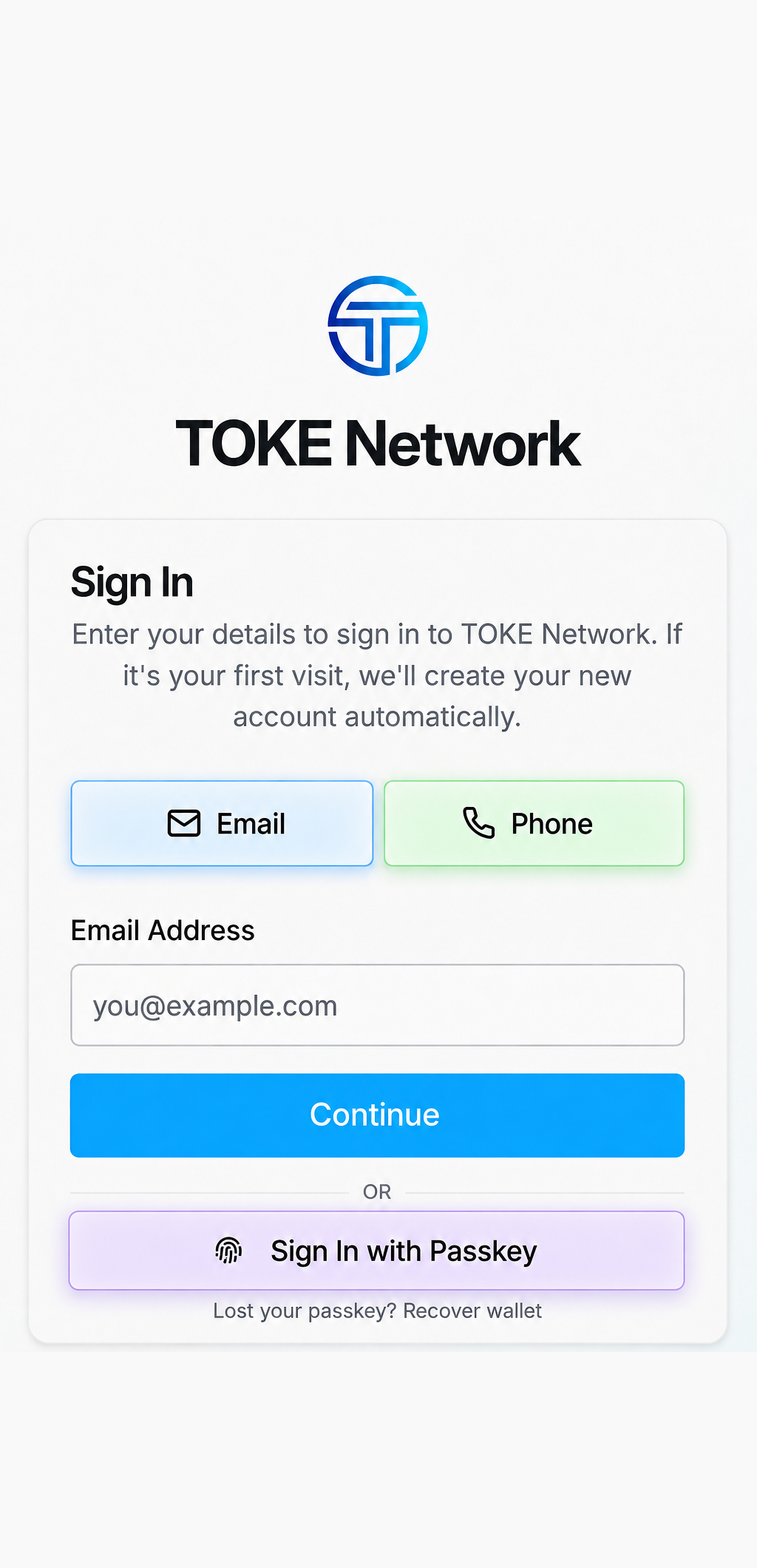 TOKE Network sign-in screen with email and phone options, an email address field, a Continue button and sign in with passkey