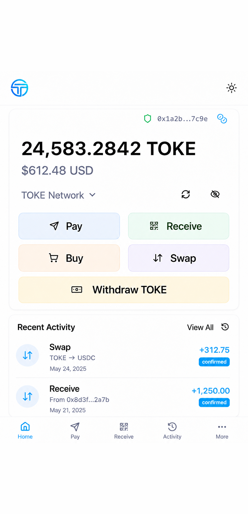 TOKE wallet home screen showing balance, quick actions and recent activity
