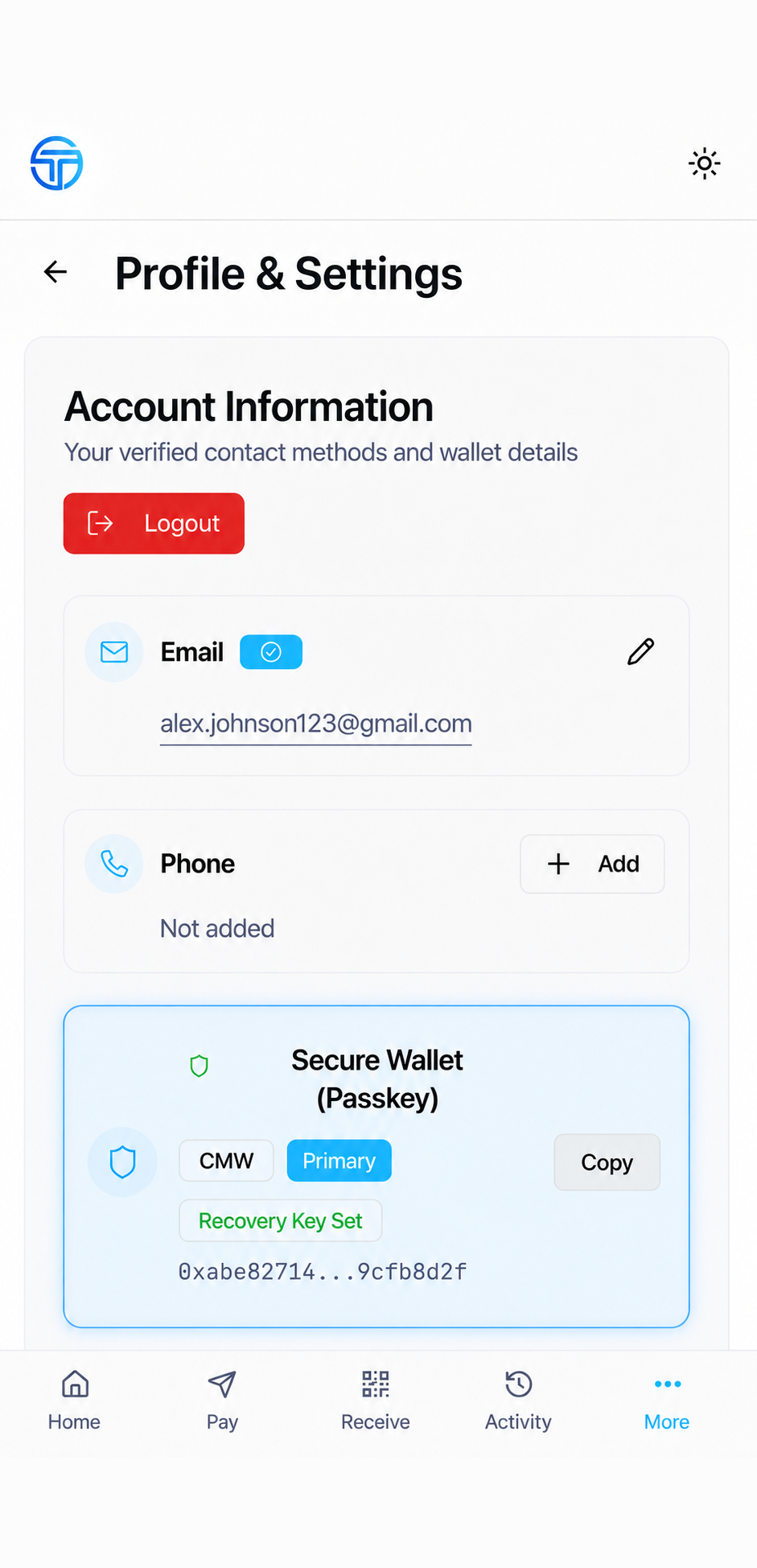 Profile and settings screen showing a secured wallet with a passkey and recovery key