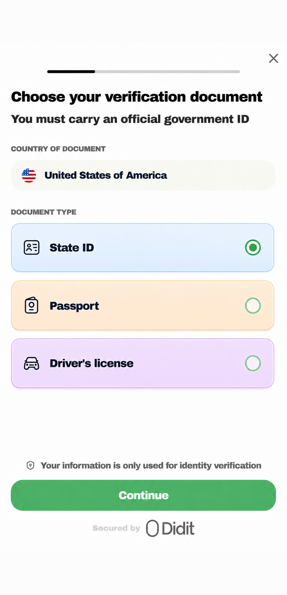 Identity verification screen listing the accepted document types and a continue action