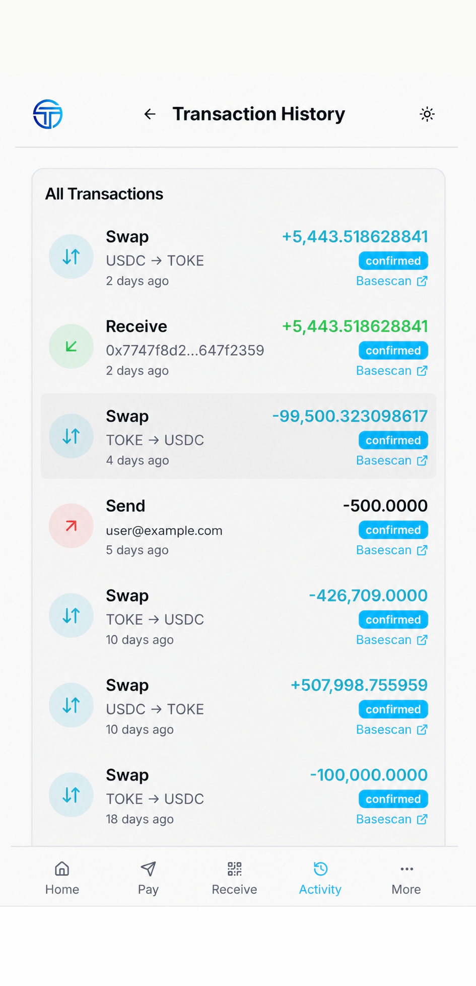 Transaction history screen listing swaps, receives and sends with amounts and confirmed status