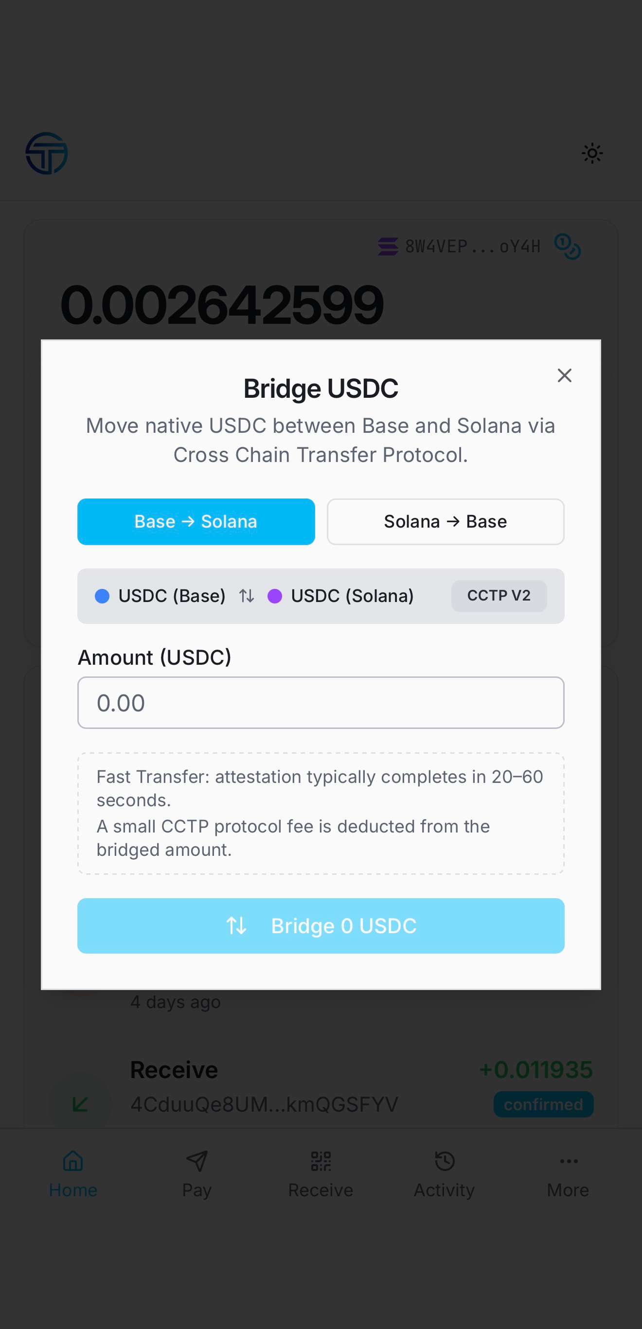 Bridge USDC sheet for moving native USDC between Base and Solana via the Cross Chain Transfer Protocol