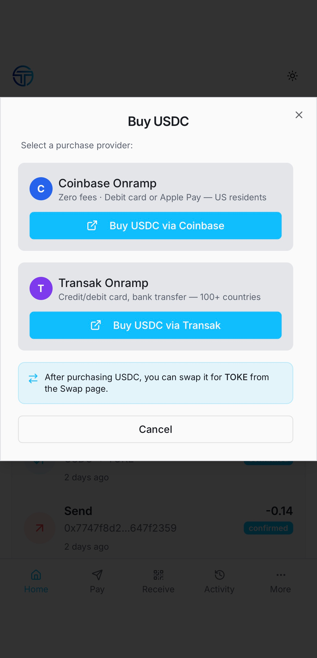 Buy USDC sheet listing Coinbase Onramp and Transak Onramp as purchase providers
