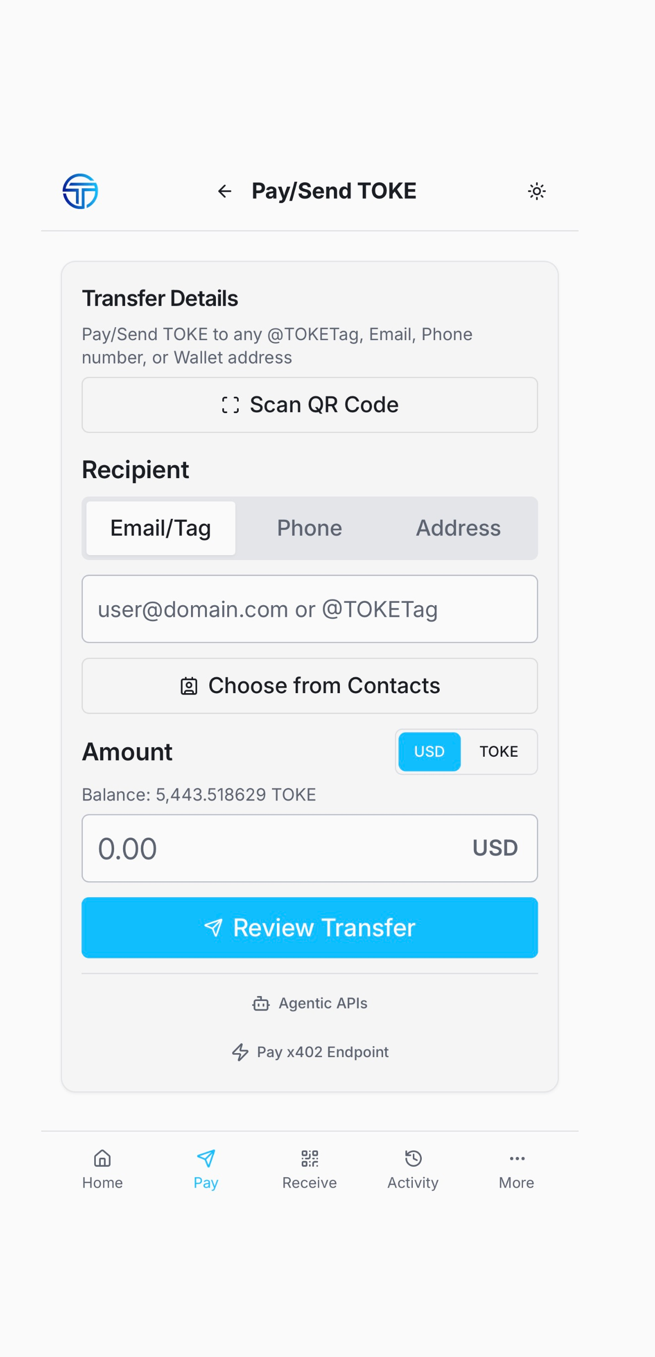Pay and send screen with recipient options for email, phone or address, an amount field and a review transfer action