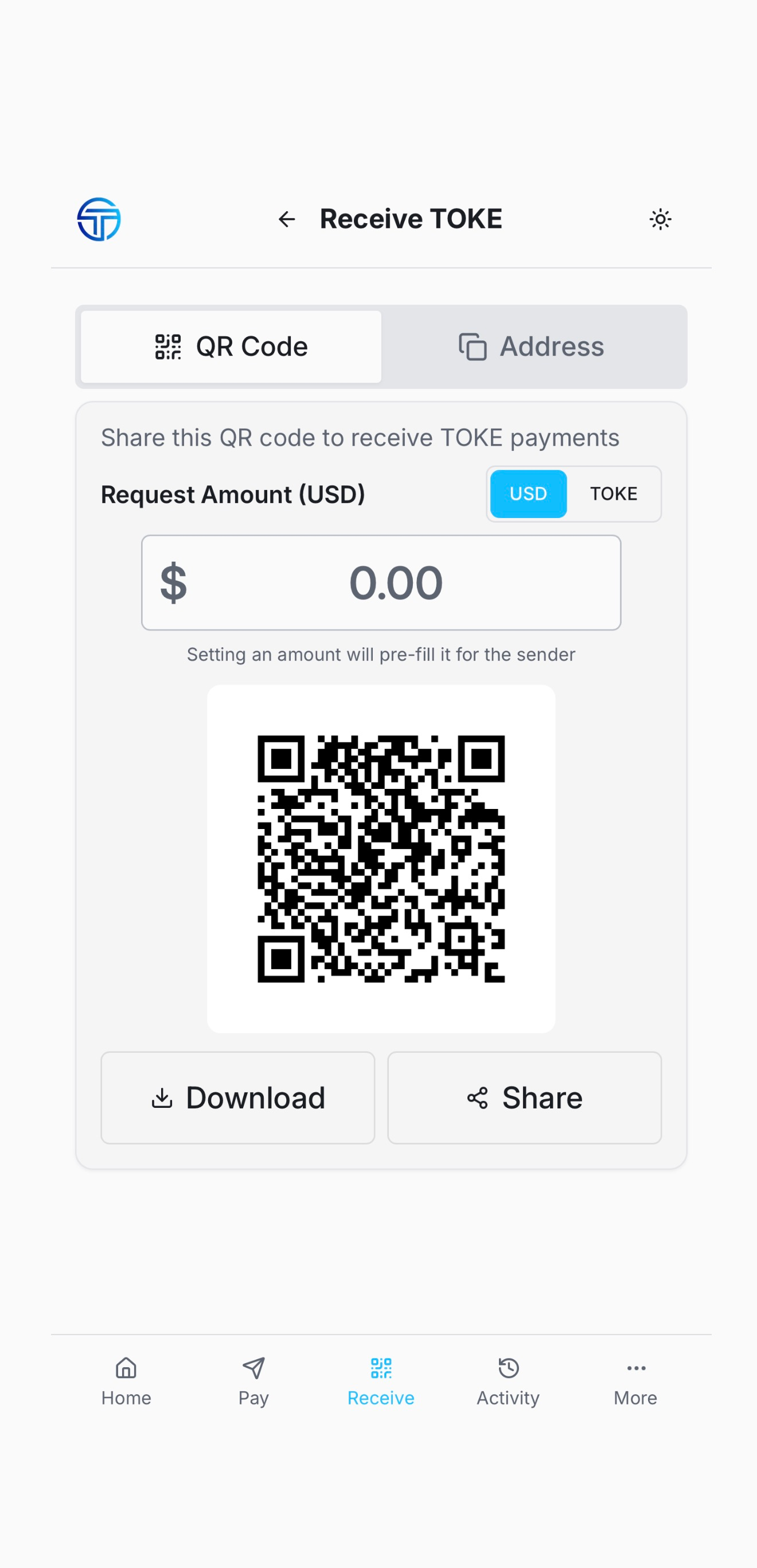 Receive screen showing a QR code and the wallet address to share