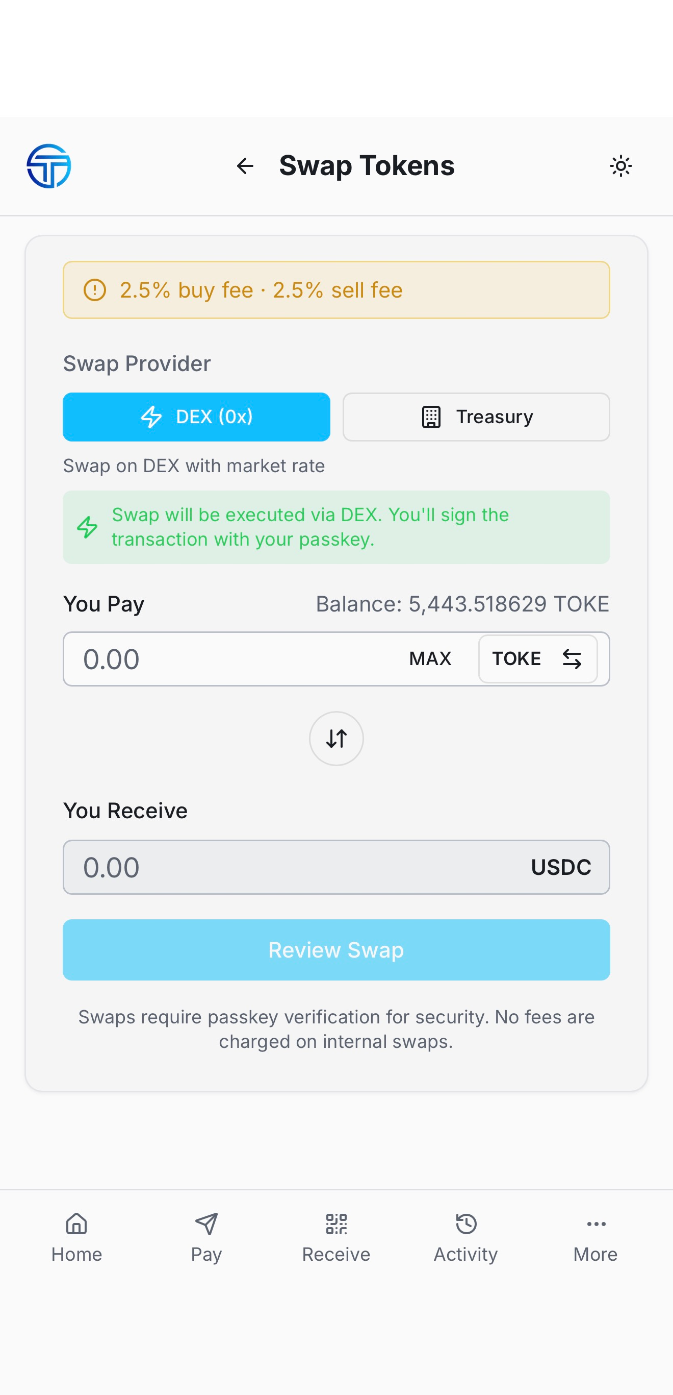 Swap tokens screen with a DEX or treasury route selector, pay and receive amounts and a review swap action