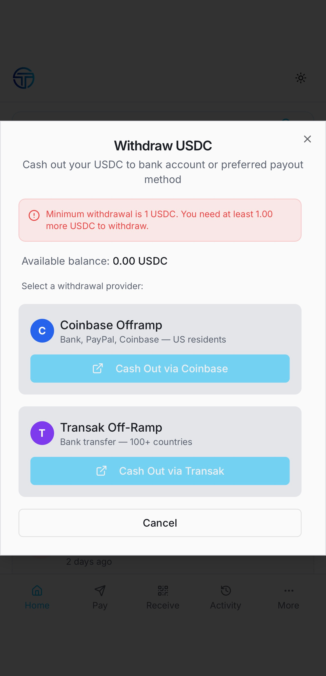 Withdraw USDC sheet listing Coinbase Offramp and Transak Off-Ramp as payout providers